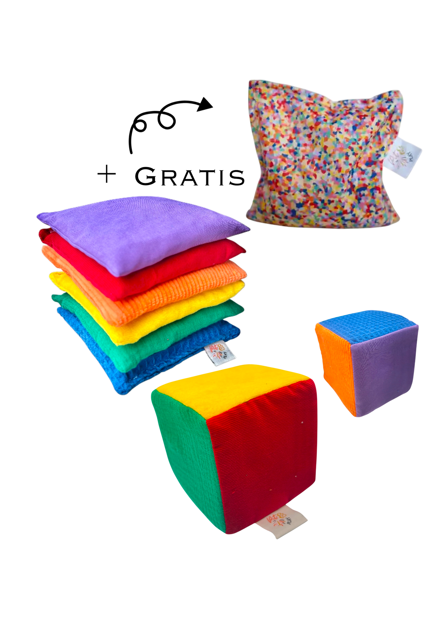 Regenboog pittenzakjes + dobbelsteen + gratis super confetti pittenzakje pakket
