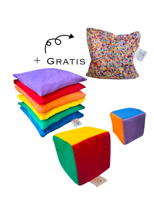 Regenboog pittenzakjes + dobbelsteen + gratis super confetti pittenzakje pakket